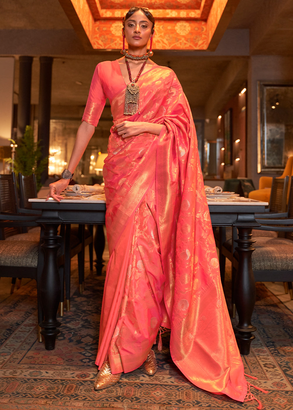 Brink Pink Woven Banarasi Silk Saree with Tassels on Pallu Clothsvilla Main image