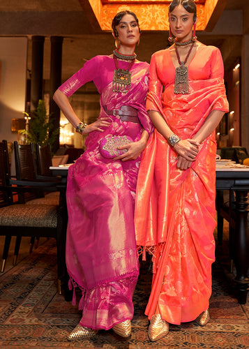 Hot Pink Woven Banarasi Silk Saree with Tassels on Pallu Clothsvilla