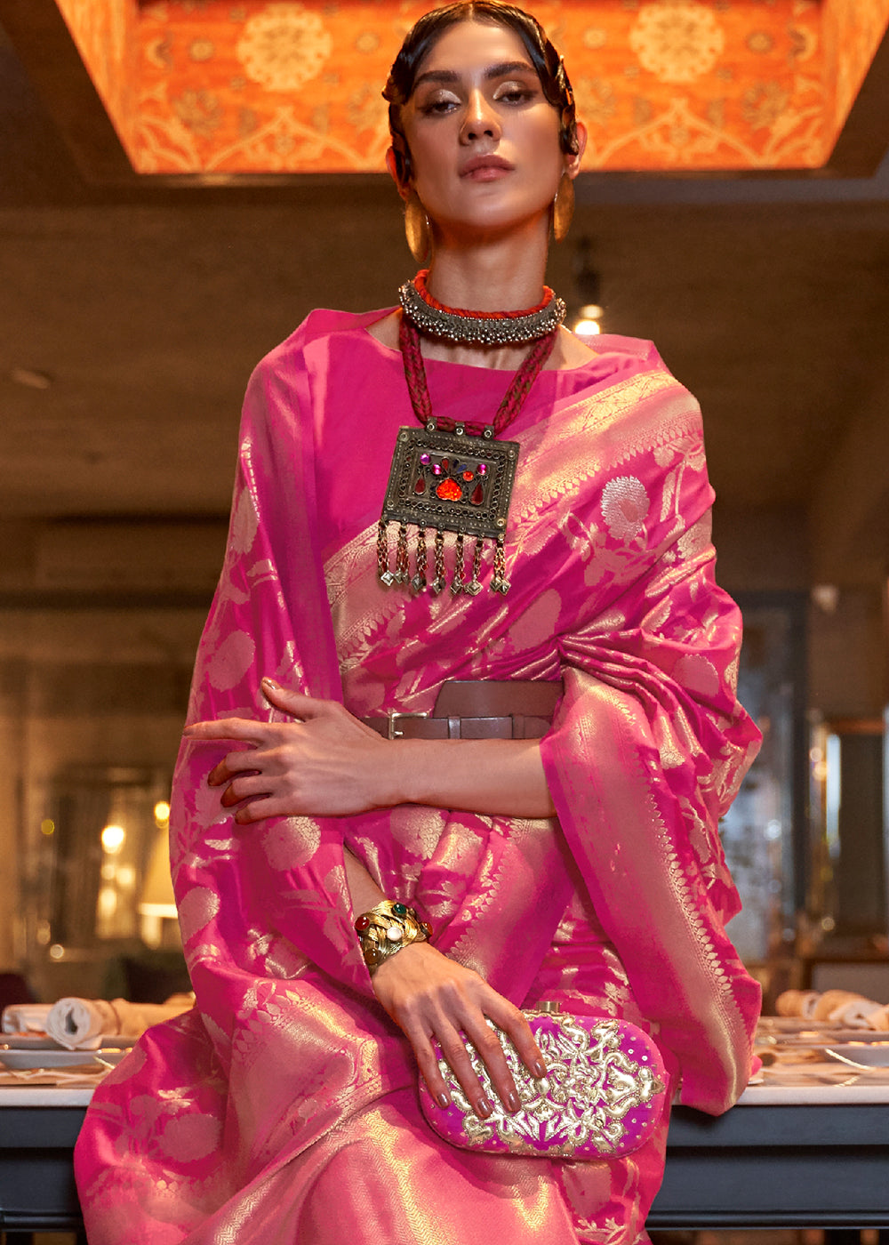 Hot Pink Woven Banarasi Silk Saree with Tassels on Pallu Clothsvilla