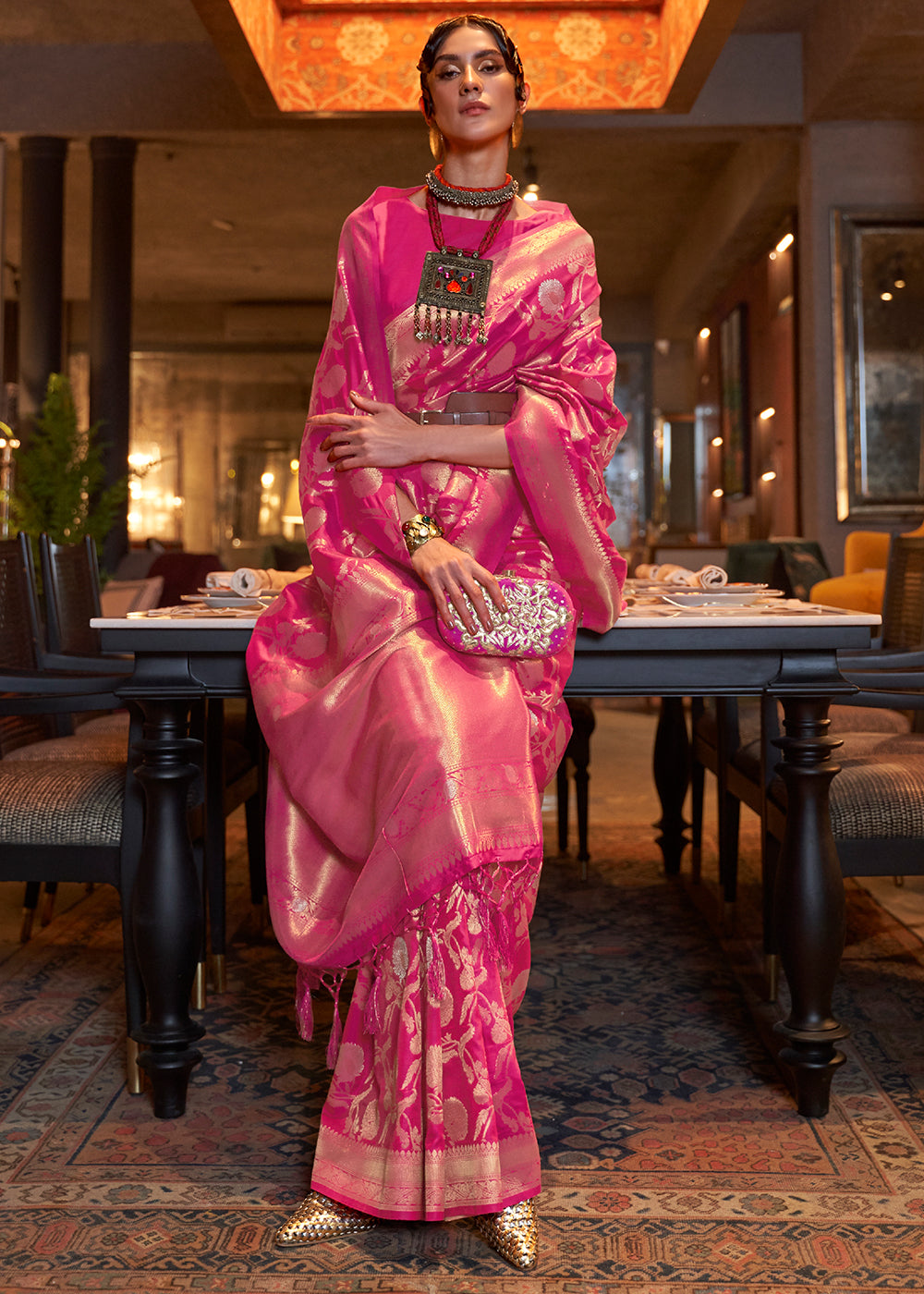 Hot Pink Woven Banarasi Silk Saree with Tassels on Pallu Clothsvilla Main image