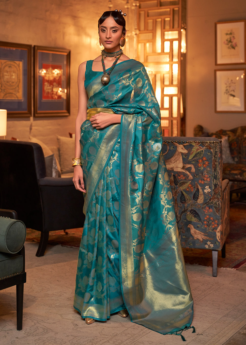 Sapphire Blue Woven Banarasi Silk Saree with Tassels on Pallu Clothsvilla Main image