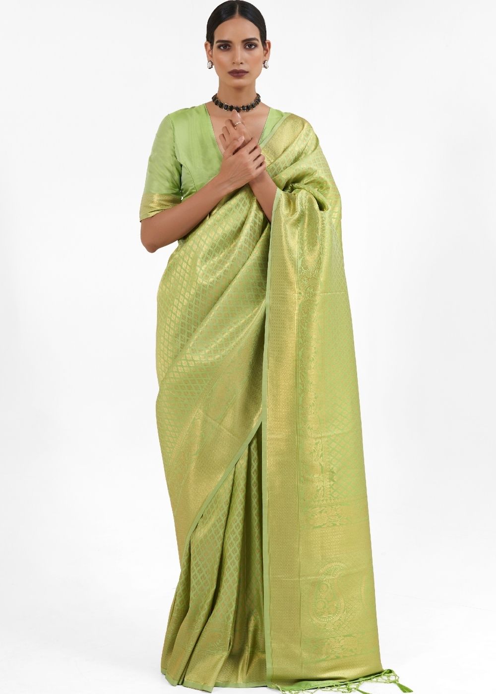 Pistachio Green Kanjivaram Soft Woven Silk Saree Clothsvilla Main image