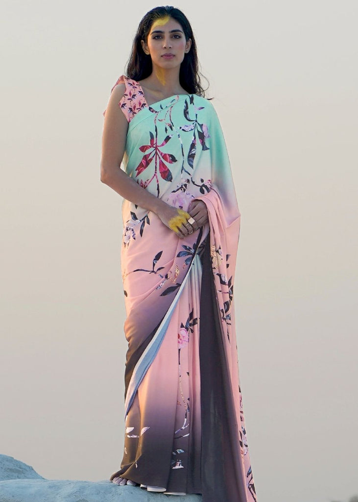Arctic Blue and Pink Digital Printed Crepe Silk Saree Clothsvilla