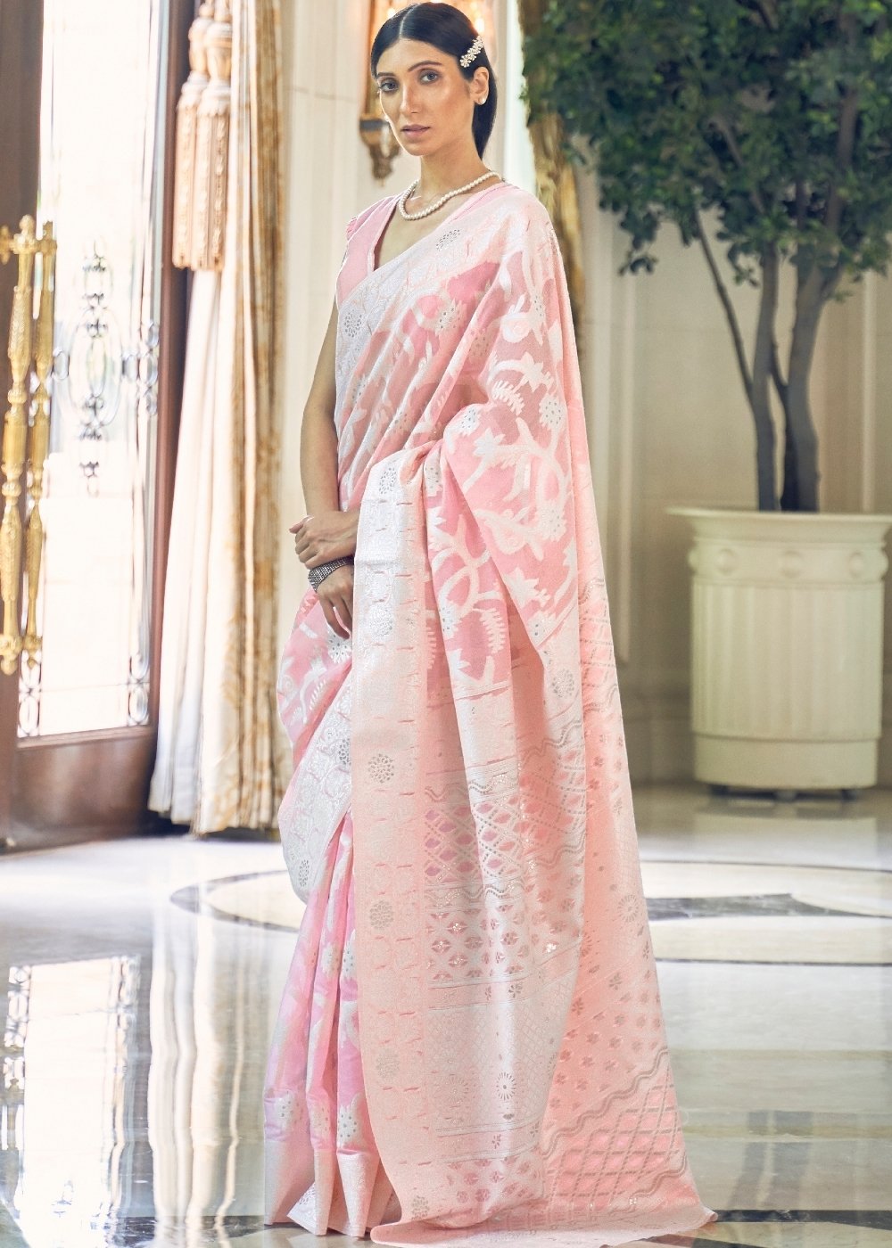 Baby Pink Lucknowi Chikankari Weaving Silk Saree Clothsvilla Main image