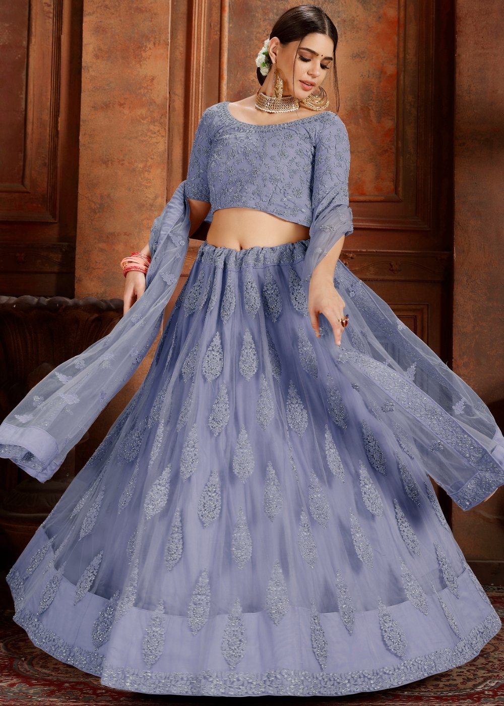 Steel Blue Soft Net Lehenga Choli with Thread, Zarkan & Pearl work Clothsvilla