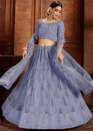 Steel Blue Soft Net Lehenga Choli with Thread, Zarkan & Pearl work Clothsvilla