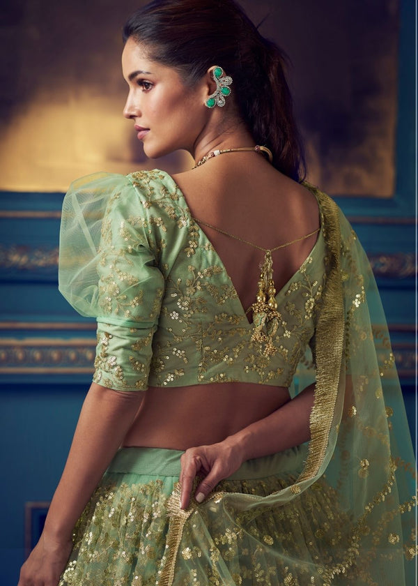 Mint Green Designer Soft Net Lehenga Choli with Ruffles and Sequin, Dori work Clothsvilla