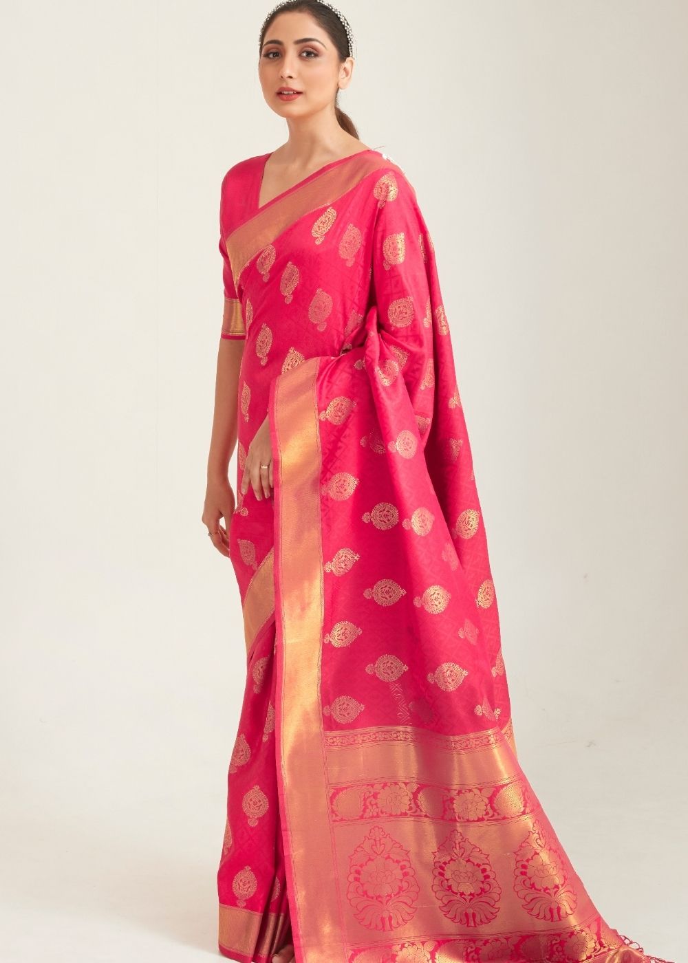 French Rose Pink Zari Butta Woven Banasari Silk Saree Clothsvilla Main image