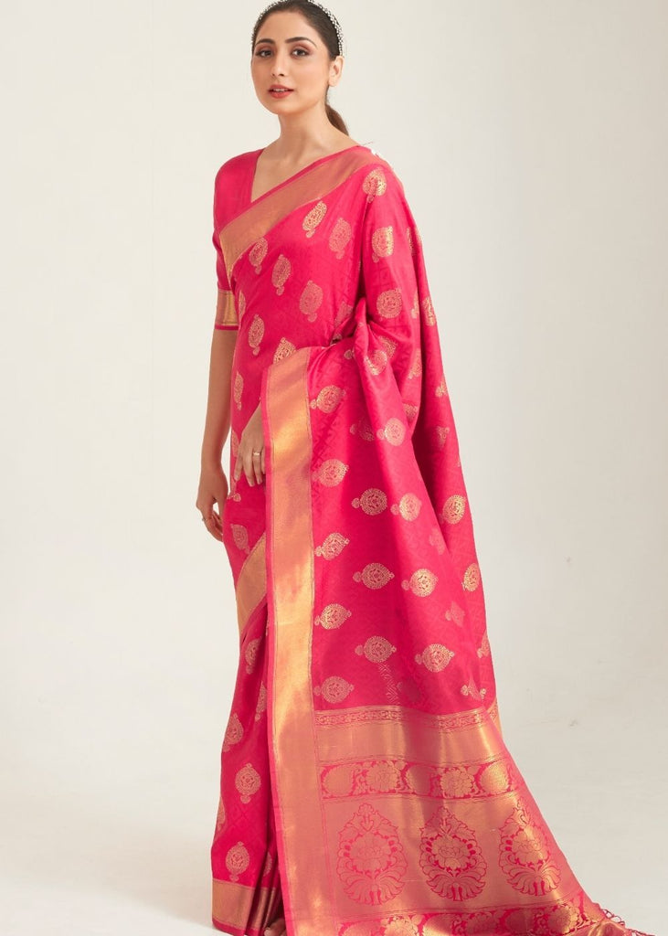 French Rose Pink Zari Butta Woven Banasari Silk Saree Clothsvilla