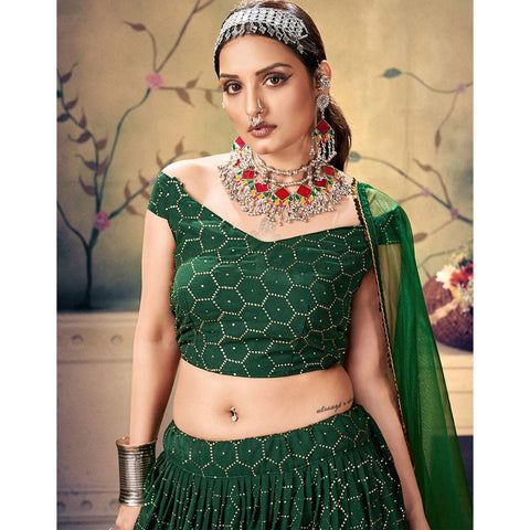 Gable Green Lehenga Choli in Georgette Fabrics with Mukesh Work ClothsVilla Main image
