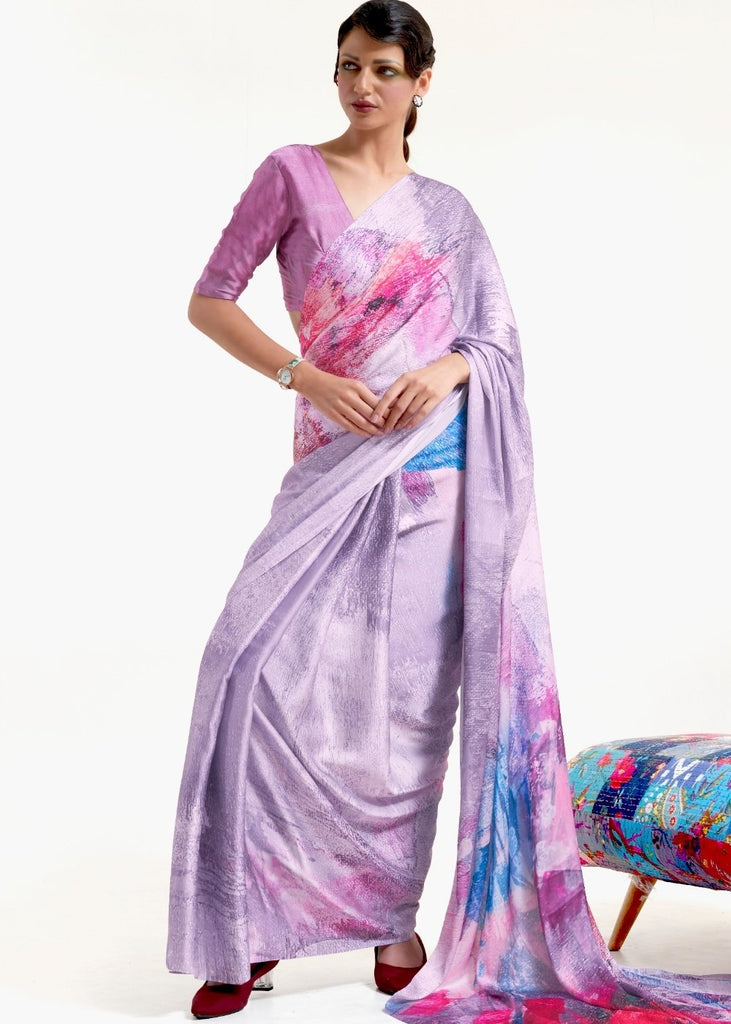 Periwinkle Purple Digital Printed Satin Crepe Saree Clothsvilla