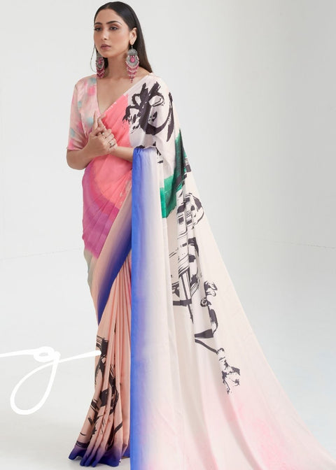 Baby Pink Satin Silk Digital Printed Saree Clothsvilla Main image