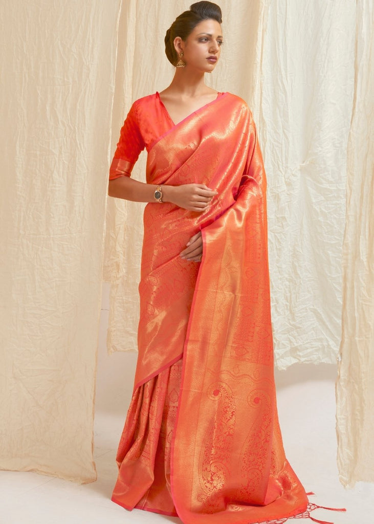 Salmon Orange & Golden Blend Kanjivaram Silk Saree Clothsvilla