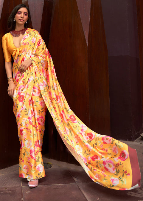 Saffron Yellow Floral Printed Satin Crepe Saree Clothsvilla Main image
