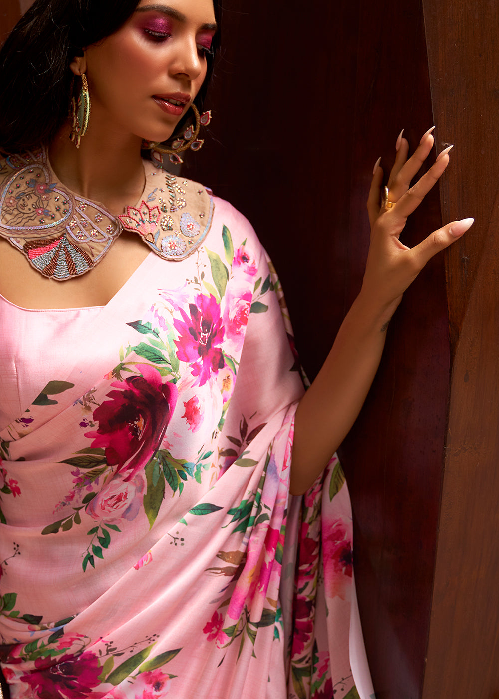 Baby Pink Floral Printed Satin Crepe Saree Clothsvilla