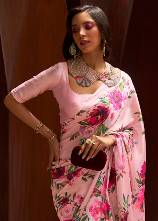 Baby Pink Floral Printed Satin Crepe Saree Clothsvilla