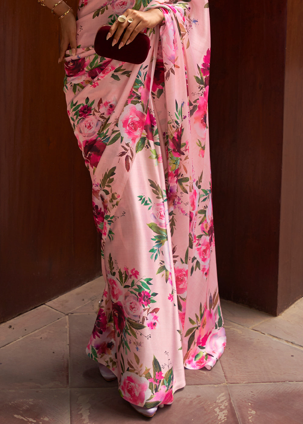 Baby Pink Floral Printed Satin Crepe Saree Clothsvilla