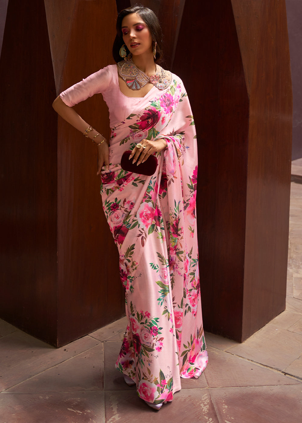 Baby Pink Floral Printed Satin Crepe Saree Clothsvilla Main image