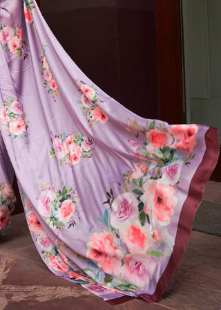 Lavender Purple Floral Printed Satin Crepe Saree Clothsvilla