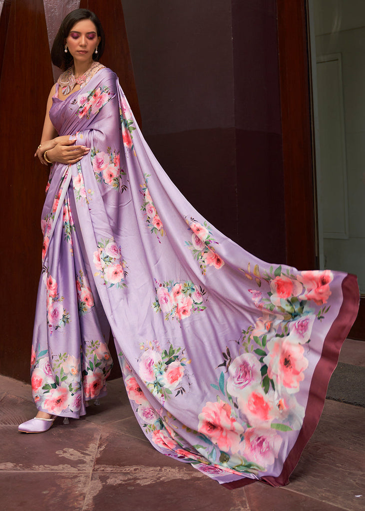 Lavender Purple Floral Printed Satin Crepe Saree Clothsvilla