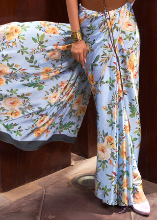 Cornflower Blue Floral Printed Satin Crepe Saree Clothsvilla