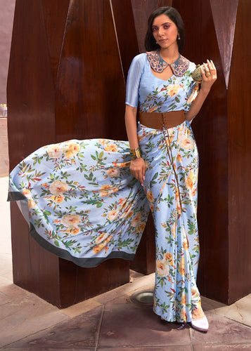 Cornflower Blue Floral Printed Satin Crepe Saree Clothsvilla