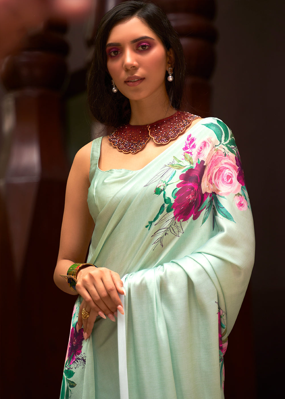 Mint Green Floral Printed Satin Crepe Saree Clothsvilla