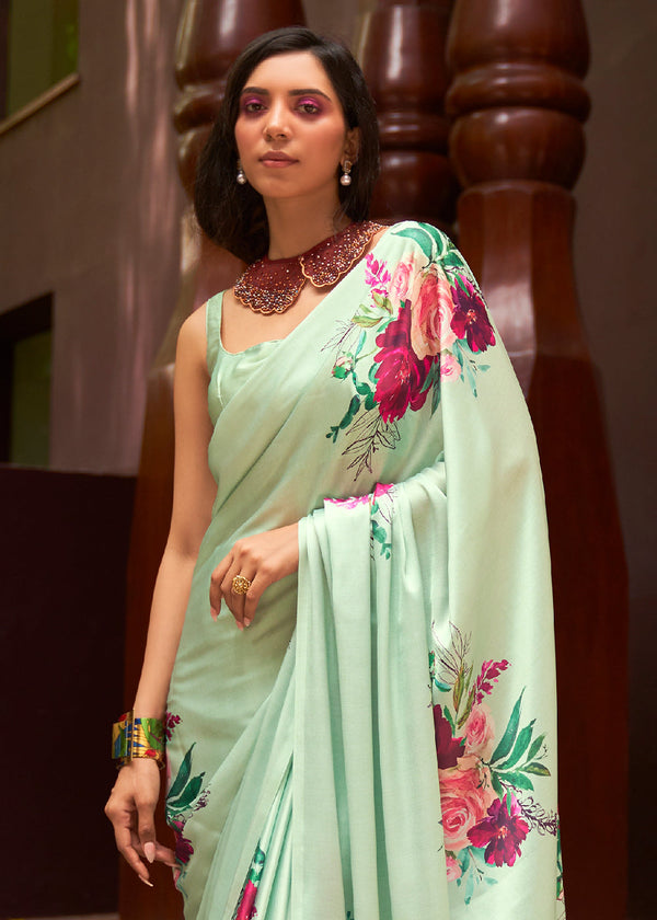Mint Green Floral Printed Satin Crepe Saree Clothsvilla