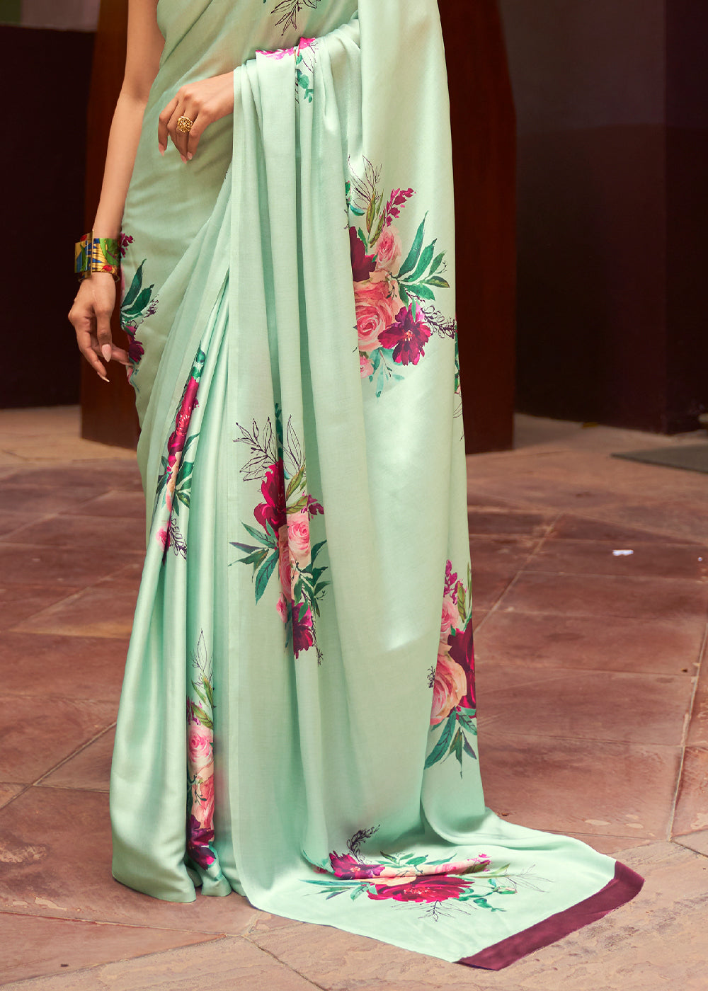 Mint Green Floral Printed Satin Crepe Saree Clothsvilla