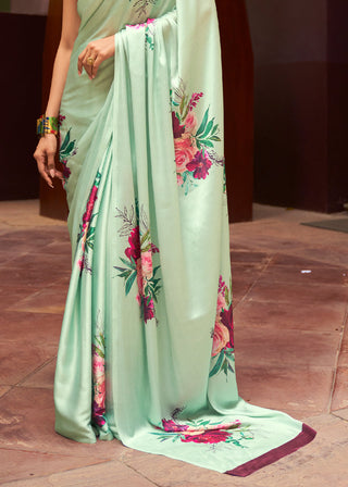 Mint Green Floral Printed Satin Crepe Saree Clothsvilla