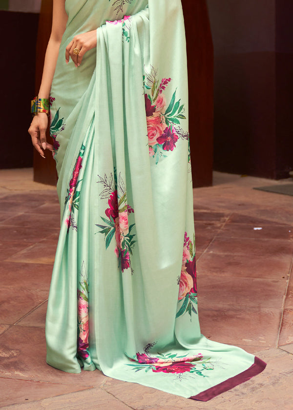 Mint Green Floral Printed Satin Crepe Saree Clothsvilla
