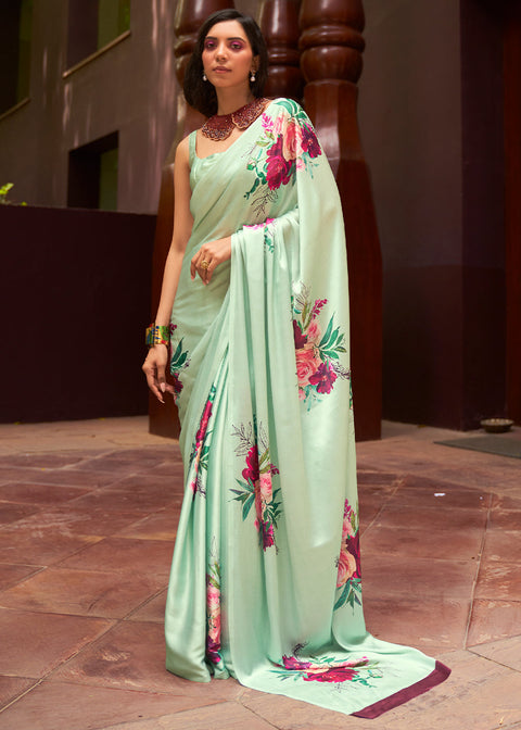 Mint Green Floral Printed Satin Crepe Saree Clothsvilla Main image