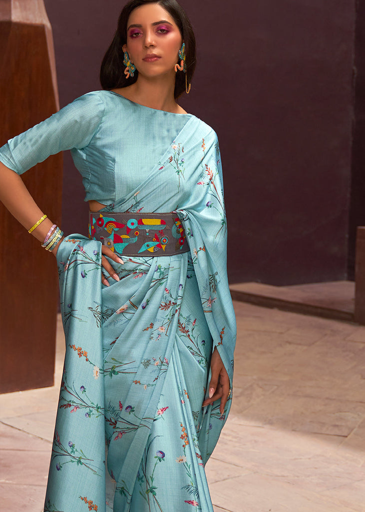 Frost Blue Floral Printed Satin Crepe Saree Clothsvilla