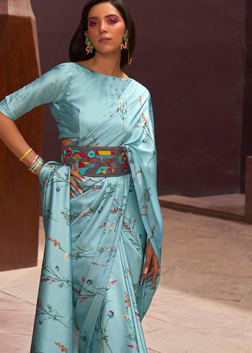 Frost Blue Floral Printed Satin Crepe Saree Clothsvilla