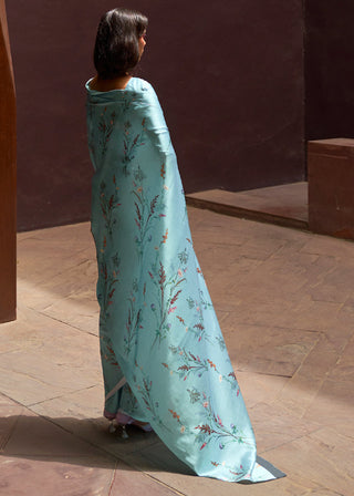 Frost Blue Floral Printed Satin Crepe Saree Clothsvilla