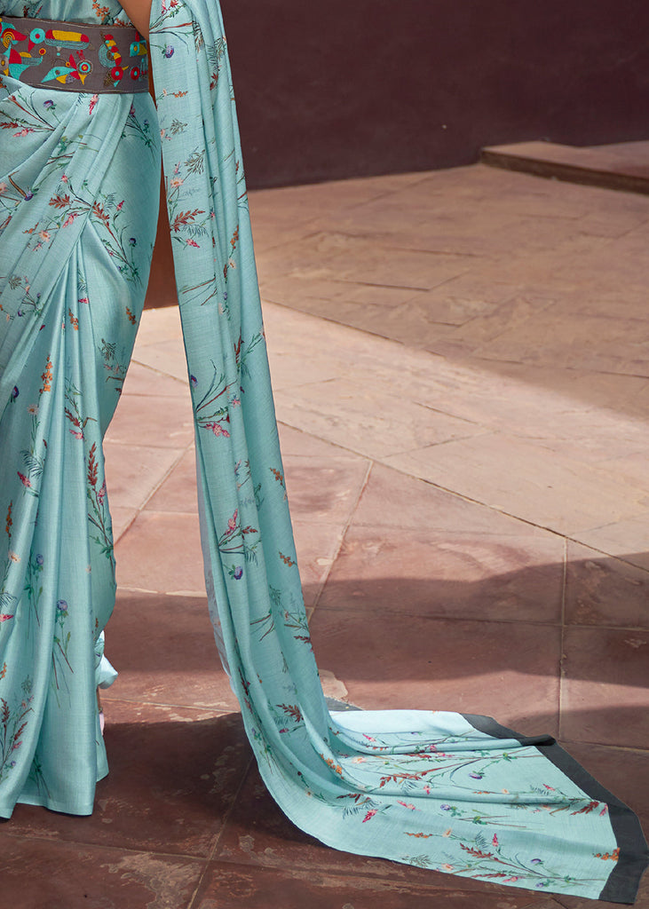 Frost Blue Floral Printed Satin Crepe Saree Clothsvilla