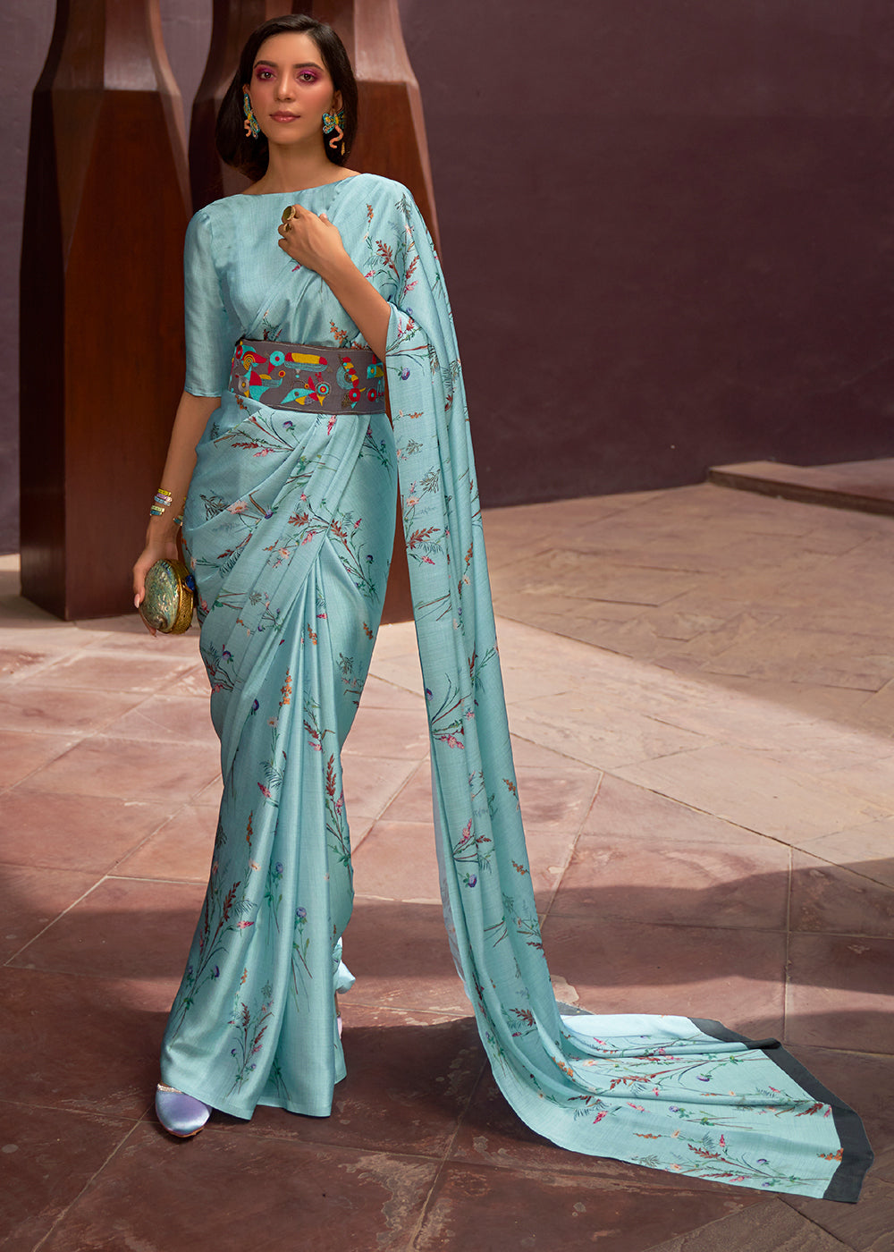 Frost Blue Floral Printed Satin Crepe Saree Clothsvilla Main image