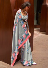 Load image into Gallery viewer, Metal Grey Floral Printed Satin Crepe Saree Clothsvilla