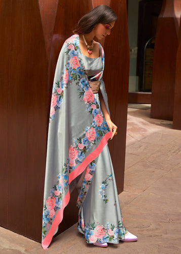 Metal Grey Floral Printed Satin Crepe Saree Clothsvilla