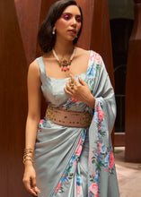 Load image into Gallery viewer, Metal Grey Floral Printed Satin Crepe Saree Clothsvilla