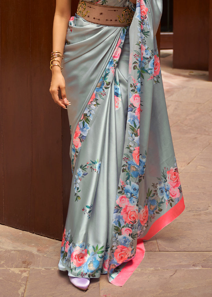 Metal Grey Floral Printed Satin Crepe Saree Clothsvilla