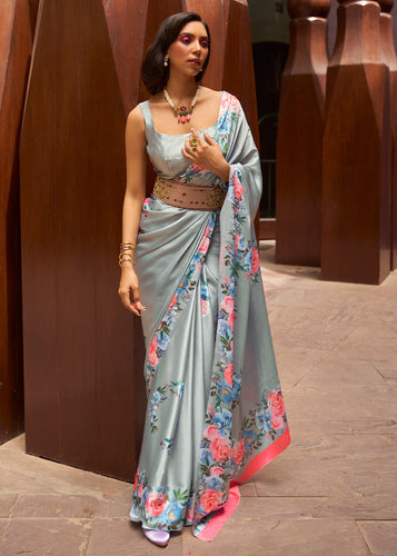 Metal Grey Floral Printed Satin Crepe Saree Clothsvilla