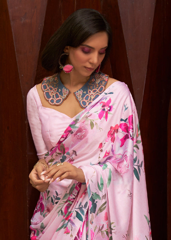 Blush Pink Floral Printed Satin Crepe Saree Clothsvilla
