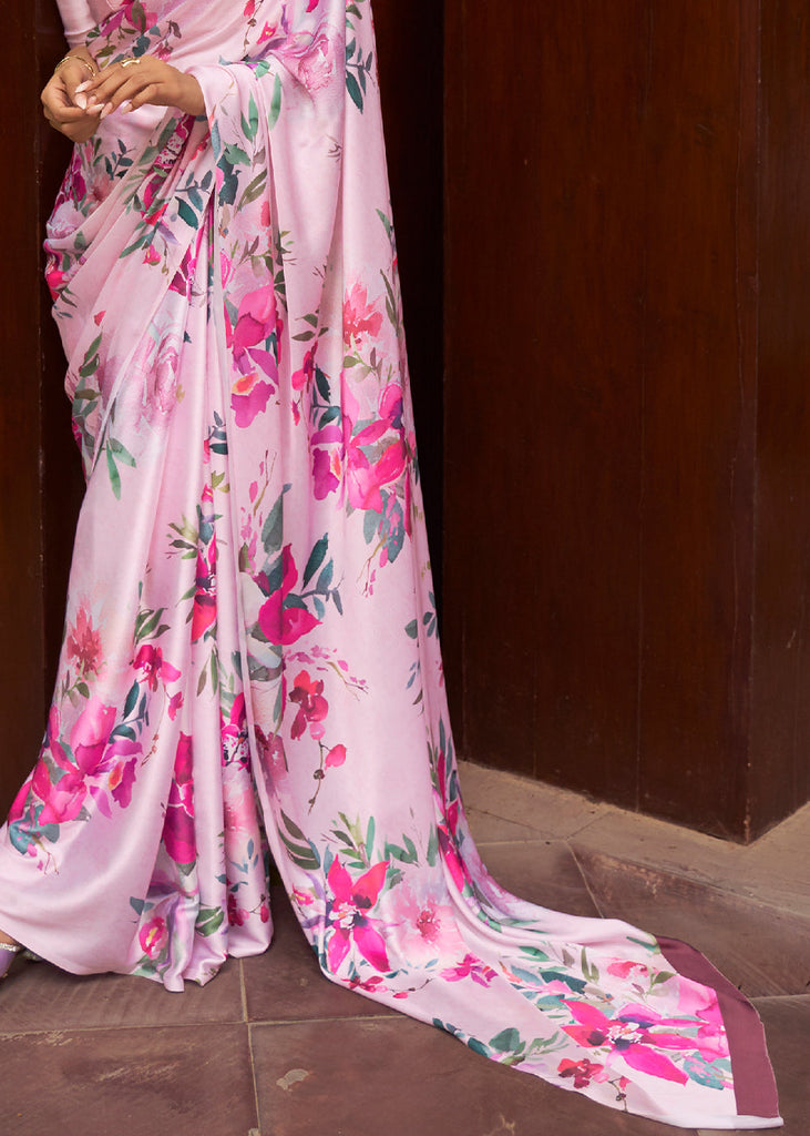 Blush Pink Floral Printed Satin Crepe Saree - Clothsvilla