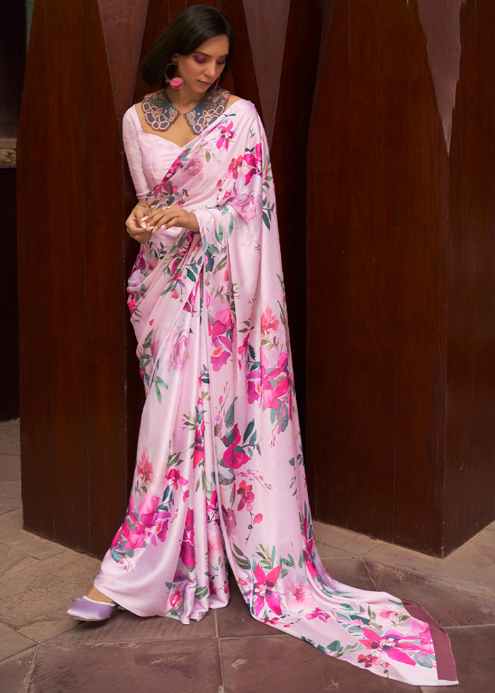 Blush Pink Floral Printed Satin Crepe Saree Clothsvilla Main image