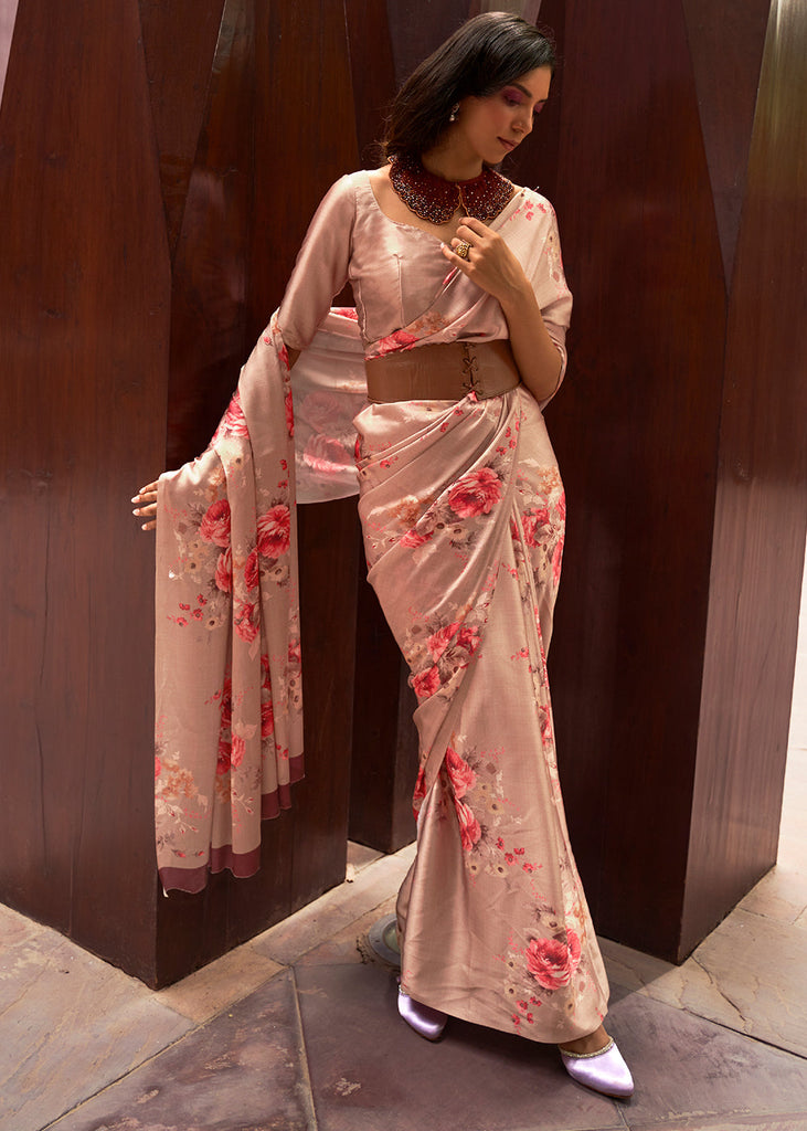 Shades Of Brown Floral Printed Satin Crepe Saree Clothsvilla