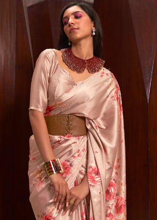 Shades Of Brown Floral Printed Satin Crepe Saree Clothsvilla