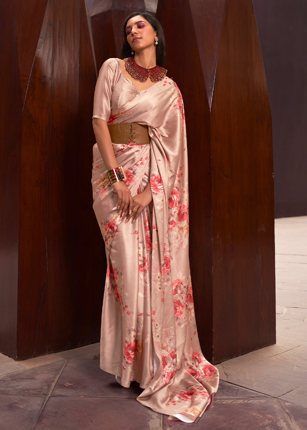 Shades Of Brown Floral Printed Satin Crepe Saree Clothsvilla Main image