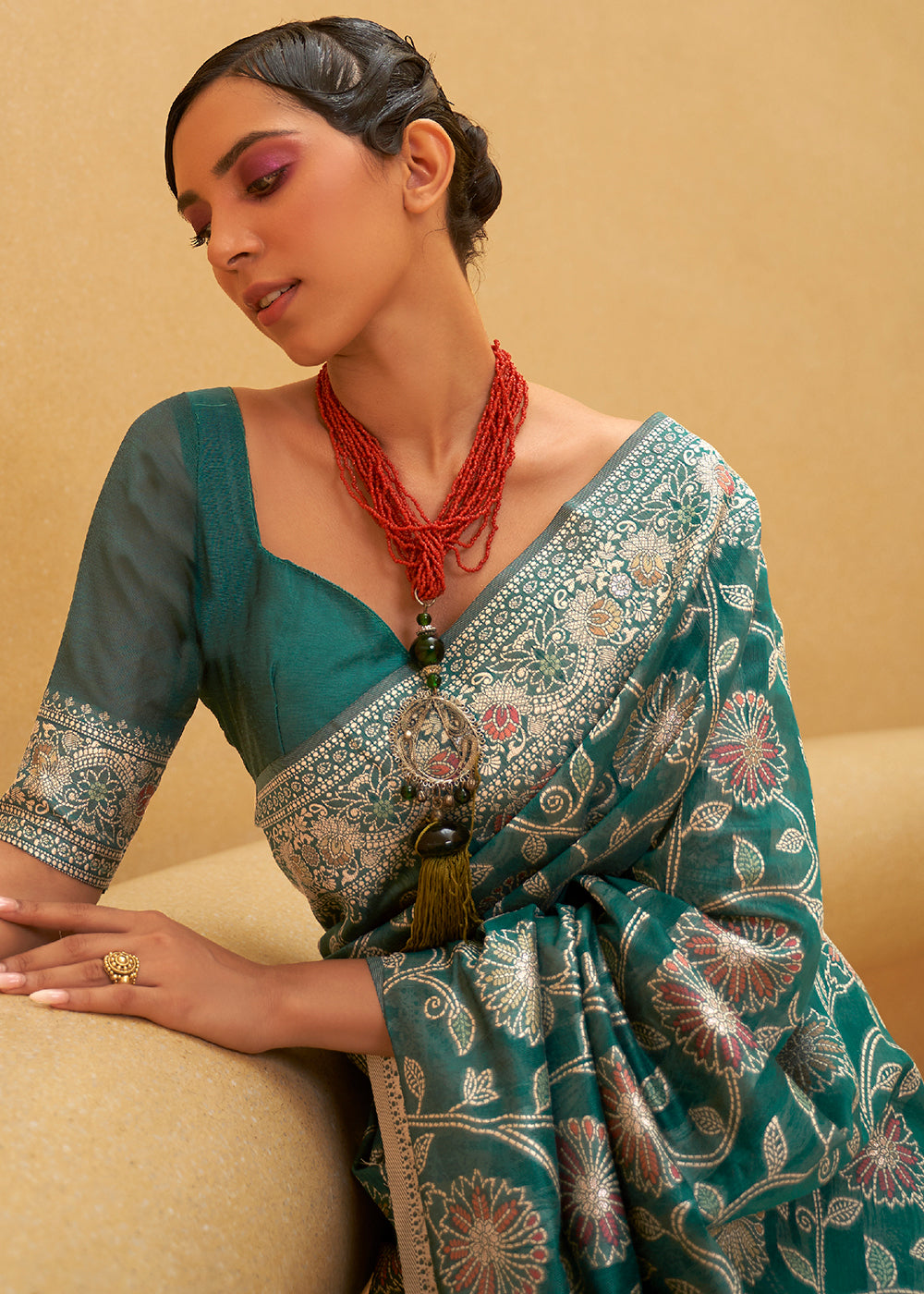 Pine Green Lucknowi Chikankari Weaving Silk Saree Clothsvilla