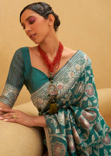 Load image into Gallery viewer, Pine Green Lucknowi Chikankari Weaving Silk Saree Clothsvilla